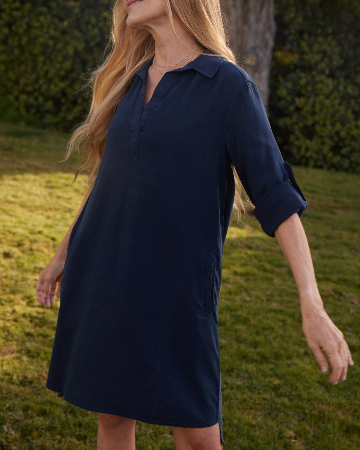 A-Line Rolled Tab Sleeve Dress - Endless Sea