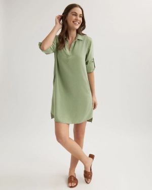 Long Sleeve A-Line Shirt Dress - Olive Grove