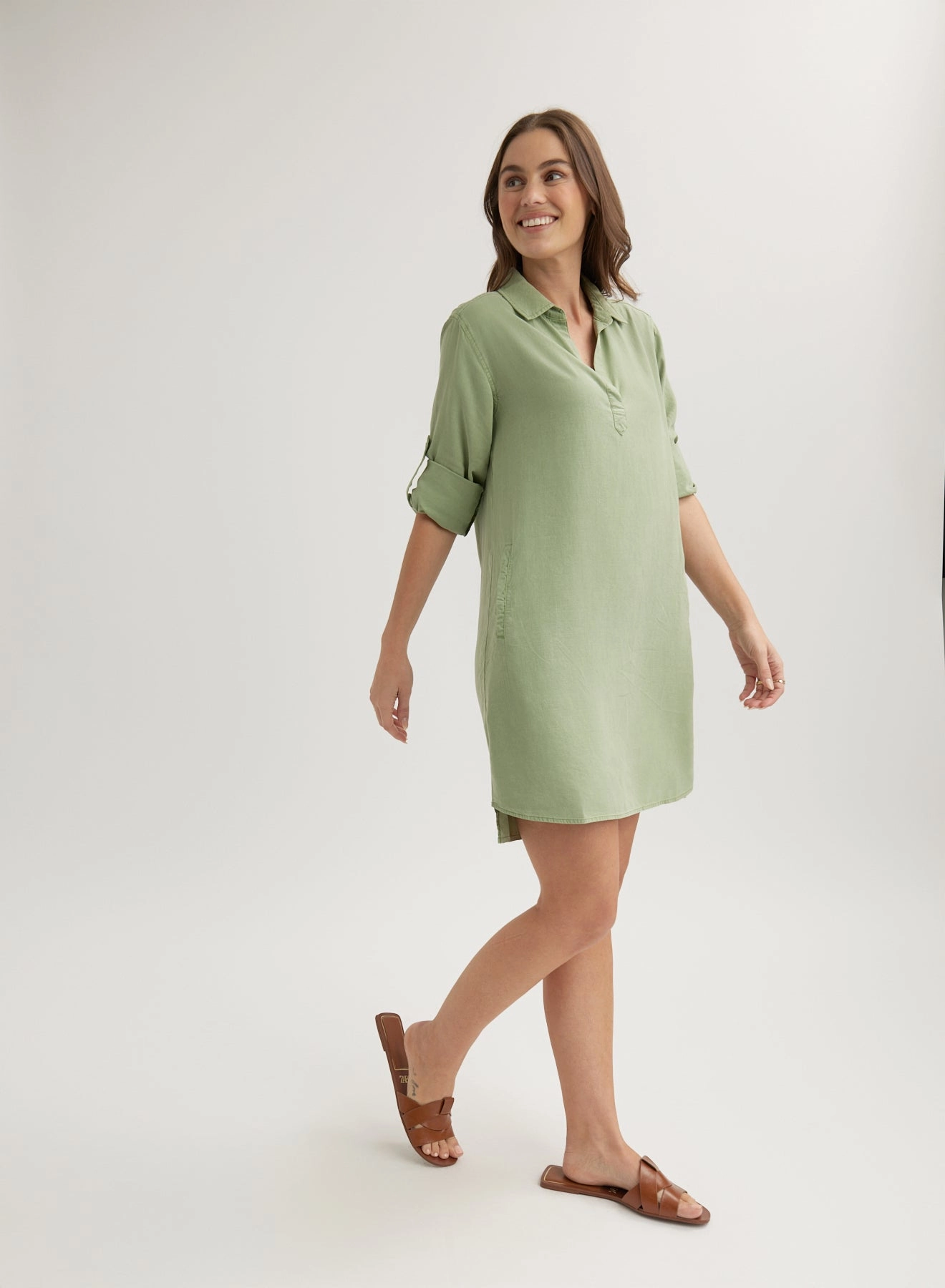 Long Sleeve A-Line Shirt Dress - Olive Grove