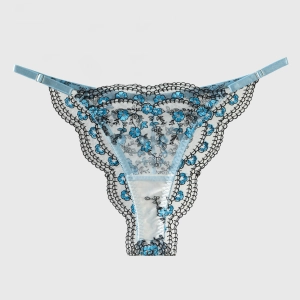 Purple /Blue Flowers Embroidery Black Trimmed Thong