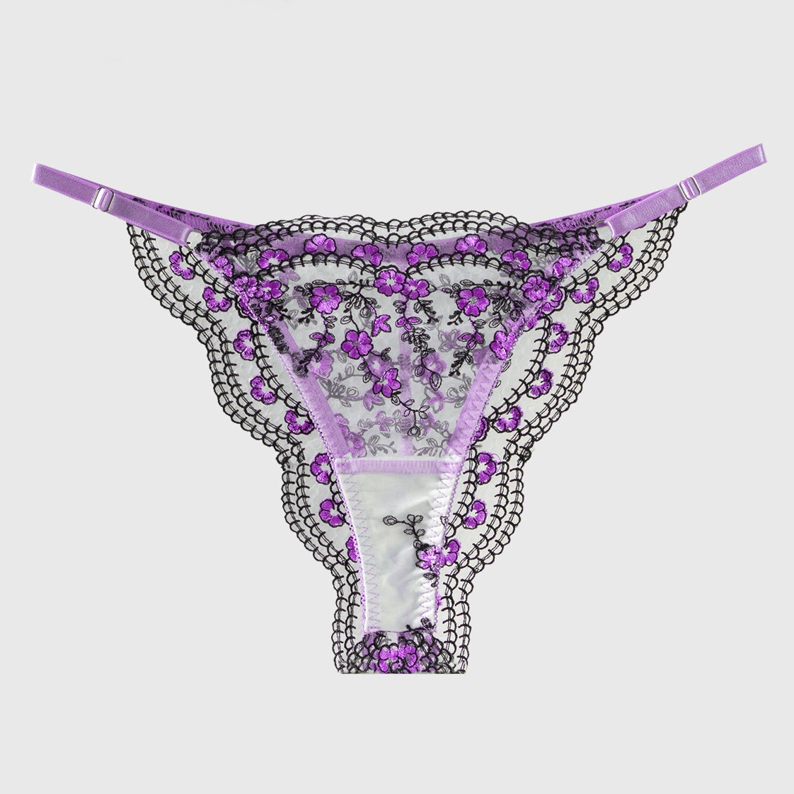 Purple /Blue Flowers Embroidery Black Trimmed Thong