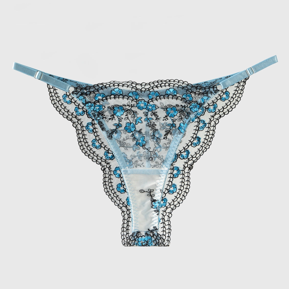 Purple /Blue Flowers Embroidery Black Trimmed Thong