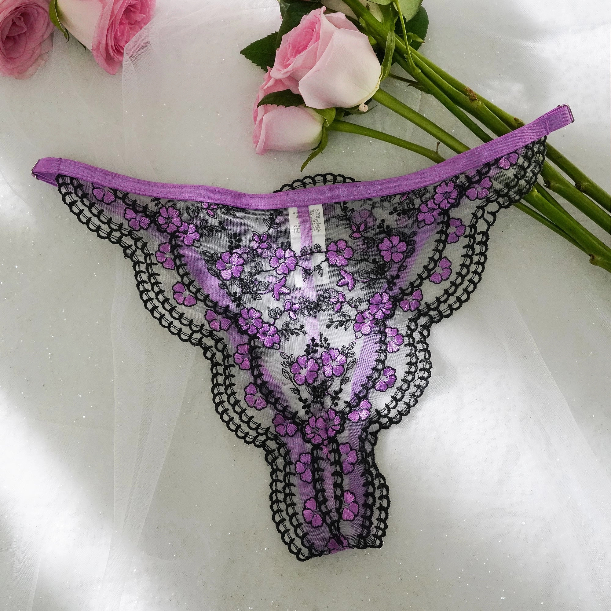 Purple /Blue Flowers Embroidery Black Trimmed Thong