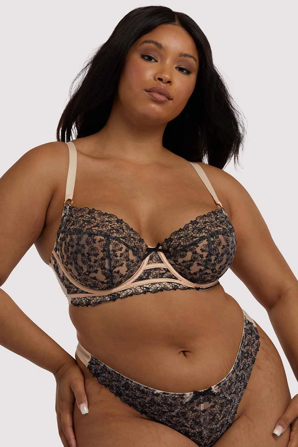Skull & Roses Embroidery Peach Balcony Bra