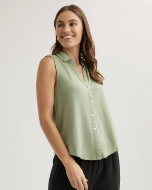 Sleeveless Button Front Top - Olive Grove
