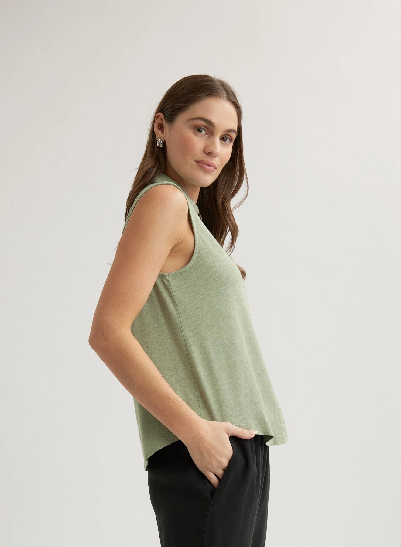Sleeveless Button Front Top - Olive Grove