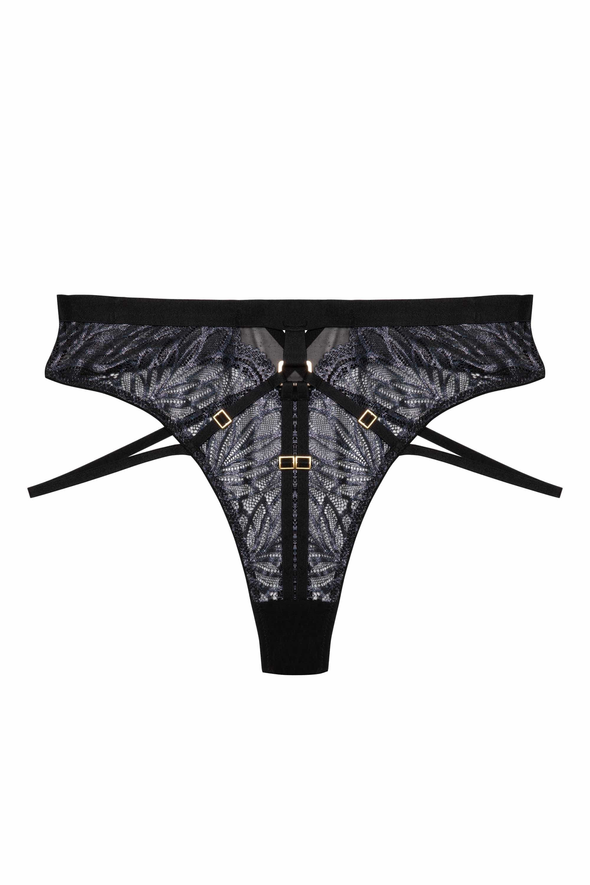 Tabitha Black Wet-Look Lace High Waist Thong